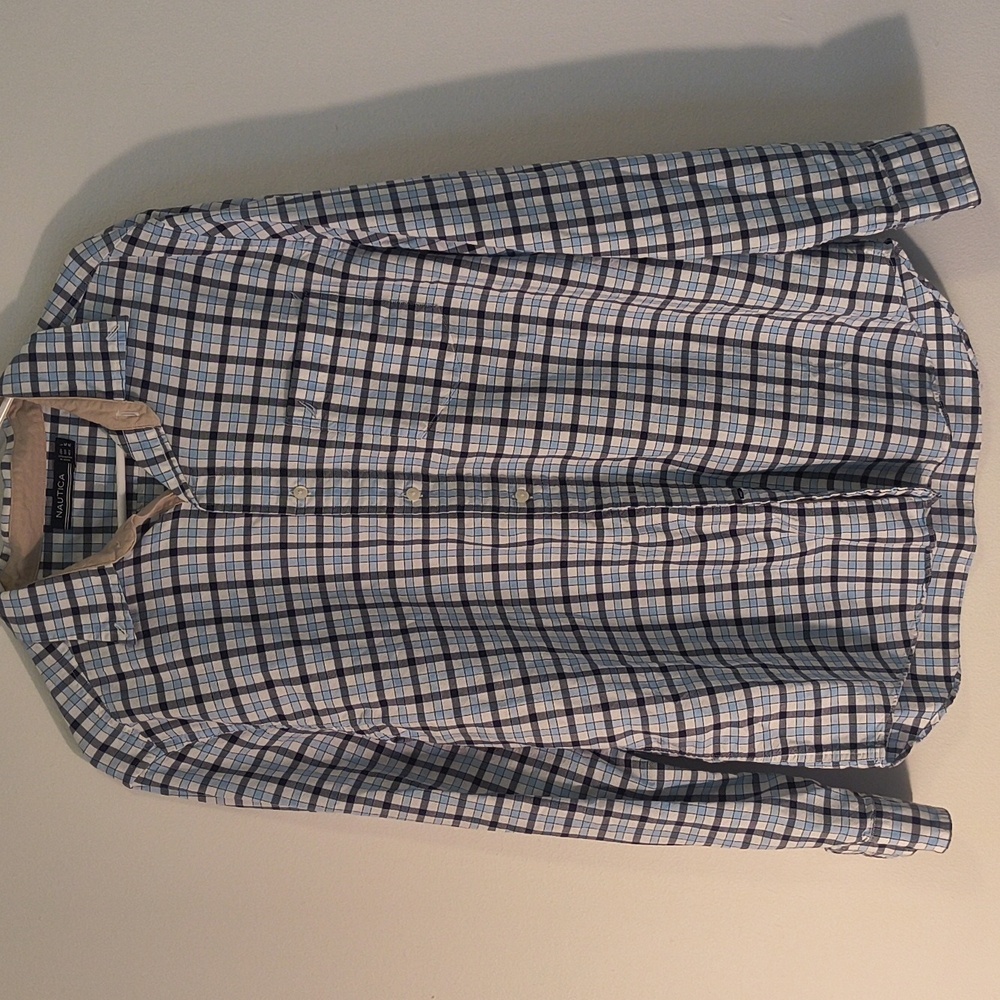 Nautica Men's Casual Blue and Tan Plaid Shirt